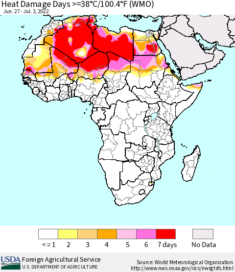Africa Heat Damage Days >=38°C/100°F (WMO) Thematic Map For 6/27/2022 - 7/3/2022