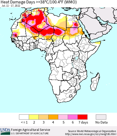 Africa Heat Damage Days >=38°C/100°F (WMO) Thematic Map For 7/11/2022 - 7/17/2022