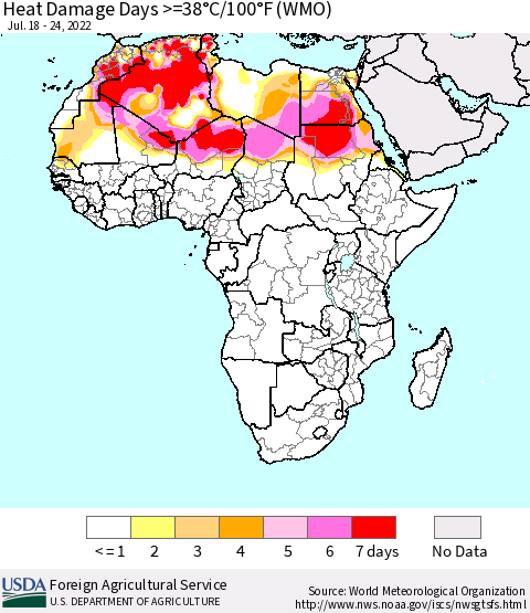 Africa Heat Damage Days >=38°C/100°F (WMO) Thematic Map For 7/18/2022 - 7/24/2022