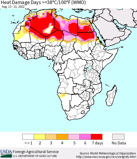 Africa Heat Damage Days >=38°C/100°F (WMO) Thematic Map For 8/15/2022 - 8/21/2022