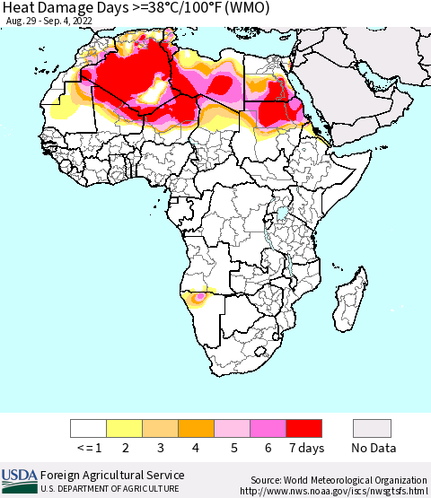 Africa Heat Damage Days >=38°C/100°F (WMO) Thematic Map For 8/29/2022 - 9/4/2022