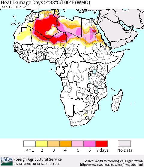 Africa Heat Damage Days >=38°C/100°F (WMO) Thematic Map For 9/12/2022 - 9/18/2022