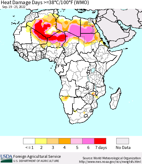 Africa Heat Damage Days >=38°C/100°F (WMO) Thematic Map For 9/19/2022 - 9/25/2022