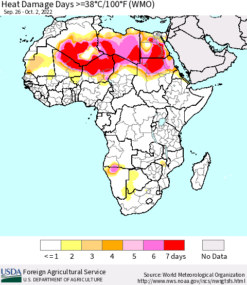 Africa Heat Damage Days >=38°C/100°F (WMO) Thematic Map For 9/26/2022 - 10/2/2022