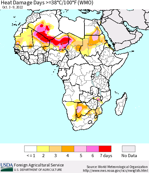 Africa Heat Damage Days >=38°C/100°F (WMO) Thematic Map For 10/3/2022 - 10/9/2022