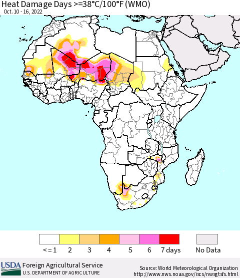Africa Heat Damage Days >=38°C/100°F (WMO) Thematic Map For 10/10/2022 - 10/16/2022