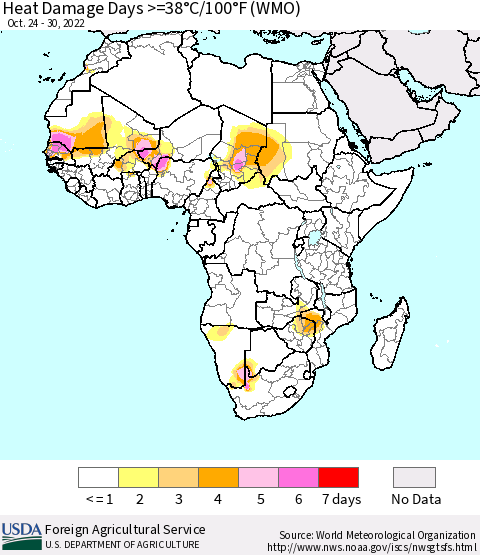 Africa Heat Damage Days >=38°C/100°F (WMO) Thematic Map For 10/24/2022 - 10/30/2022
