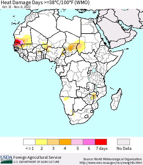 Africa Heat Damage Days >=38°C/100°F (WMO) Thematic Map For 10/31/2022 - 11/6/2022