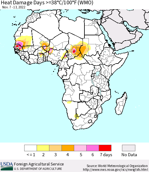 Africa Heat Damage Days >=38°C/100°F (WMO) Thematic Map For 11/7/2022 - 11/13/2022