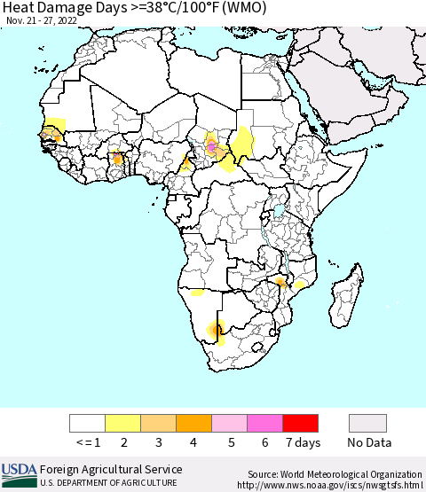 Africa Heat Damage Days >=38°C/100°F (WMO) Thematic Map For 11/21/2022 - 11/27/2022