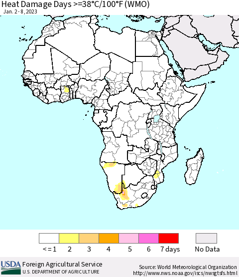Africa Heat Damage Days >=38°C/100°F (WMO) Thematic Map For 1/2/2023 - 1/8/2023