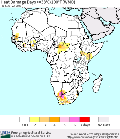 Africa Heat Damage Days >=38°C/100°F (WMO) Thematic Map For 1/16/2023 - 1/22/2023