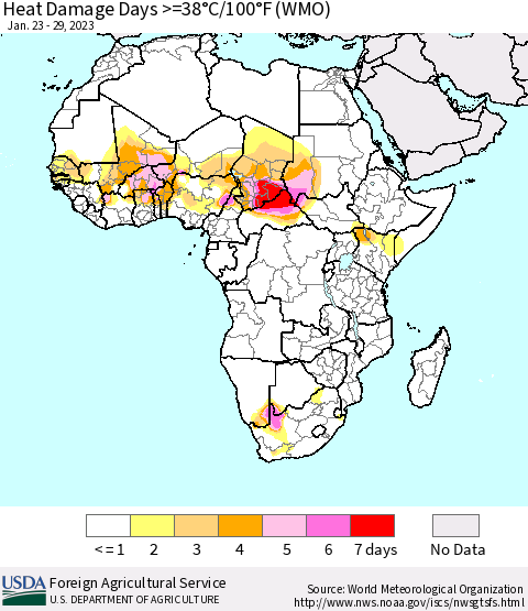Africa Heat Damage Days >=38°C/100°F (WMO) Thematic Map For 1/23/2023 - 1/29/2023