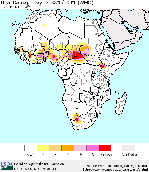 Africa Heat Damage Days >=38°C/100°F (WMO) Thematic Map For 1/30/2023 - 2/5/2023