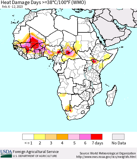 Africa Heat Damage Days >=38°C/100°F (WMO) Thematic Map For 2/6/2023 - 2/12/2023