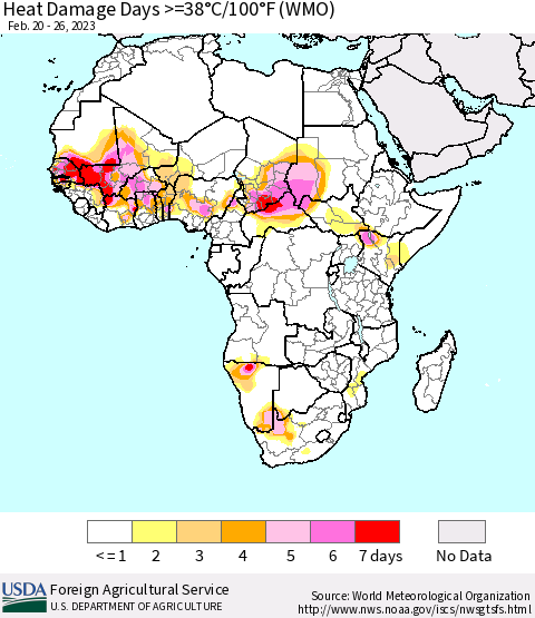 Africa Heat Damage Days >=38°C/100°F (WMO) Thematic Map For 2/20/2023 - 2/26/2023