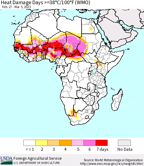 Africa Heat Damage Days >=38°C/100°F (WMO) Thematic Map For 2/27/2023 - 3/5/2023