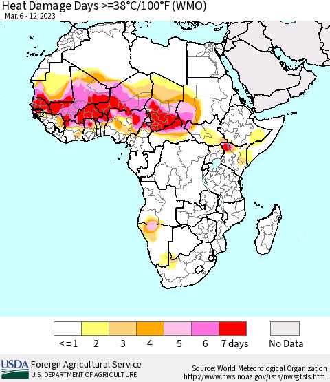 Africa Heat Damage Days >=38°C/100°F (WMO) Thematic Map For 3/6/2023 - 3/12/2023