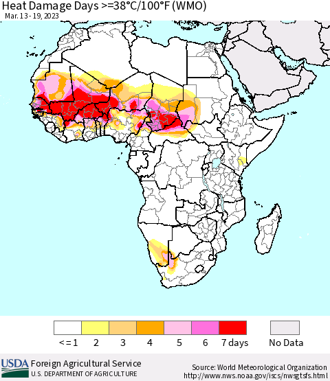 Africa Heat Damage Days >=38°C/100°F (WMO) Thematic Map For 3/13/2023 - 3/19/2023