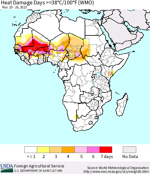 Africa Heat Damage Days >=38°C/100°F (WMO) Thematic Map For 3/20/2023 - 3/26/2023