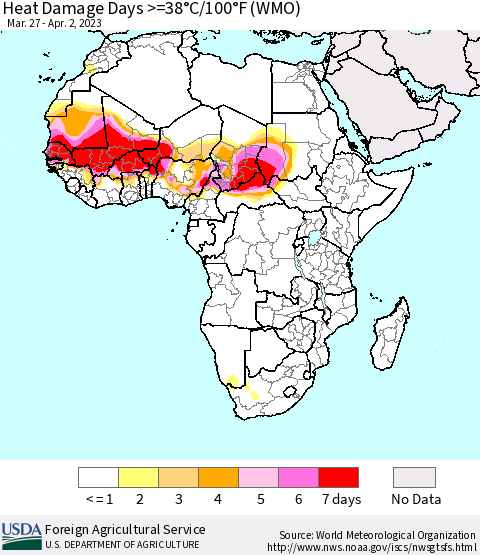 Africa Heat Damage Days >=38°C/100°F (WMO) Thematic Map For 3/27/2023 - 4/2/2023