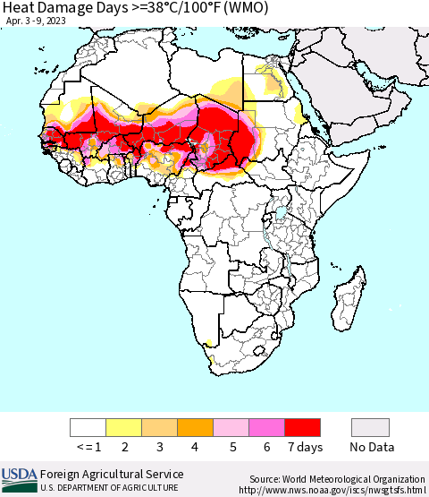 Africa Heat Damage Days >=38°C/100°F (WMO) Thematic Map For 4/3/2023 - 4/9/2023