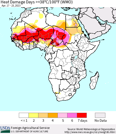 Africa Heat Damage Days >=38°C/100°F (WMO) Thematic Map For 4/17/2023 - 4/23/2023