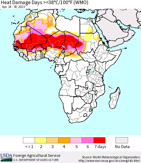 Africa Heat Damage Days >=38°C/100°F (WMO) Thematic Map For 4/24/2023 - 4/30/2023