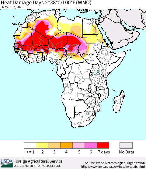 Africa Heat Damage Days >=38°C/100°F (WMO) Thematic Map For 5/1/2023 - 5/7/2023