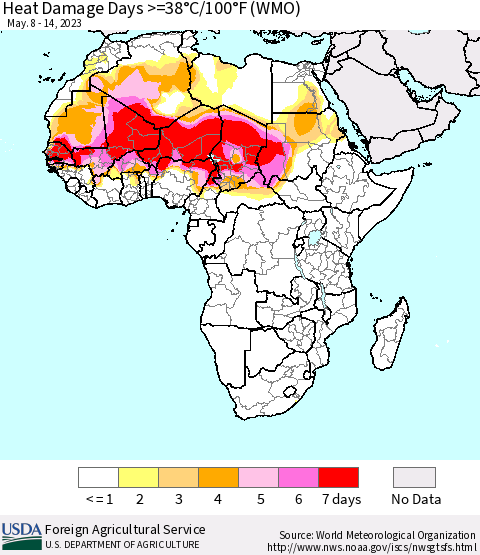 Africa Heat Damage Days >=38°C/100°F (WMO) Thematic Map For 5/8/2023 - 5/14/2023