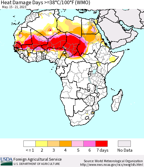 Africa Heat Damage Days >=38°C/100°F (WMO) Thematic Map For 5/15/2023 - 5/21/2023