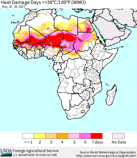 Africa Heat Damage Days >=38°C/100°F (WMO) Thematic Map For 5/22/2023 - 5/28/2023