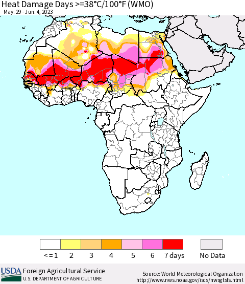 Africa Heat Damage Days >=38°C/100°F (WMO) Thematic Map For 5/29/2023 - 6/4/2023