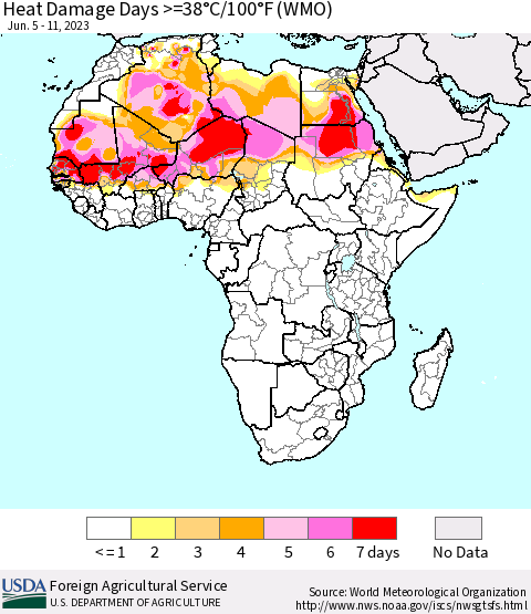 Africa Heat Damage Days >=38°C/100°F (WMO) Thematic Map For 6/5/2023 - 6/11/2023