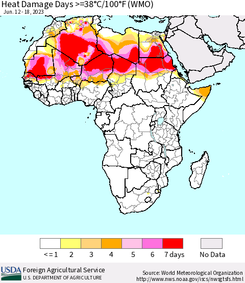 Africa Heat Damage Days >=38°C/100°F (WMO) Thematic Map For 6/12/2023 - 6/18/2023
