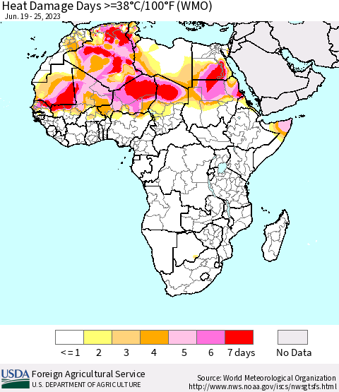 Africa Heat Damage Days >=38°C/100°F (WMO) Thematic Map For 6/19/2023 - 6/25/2023