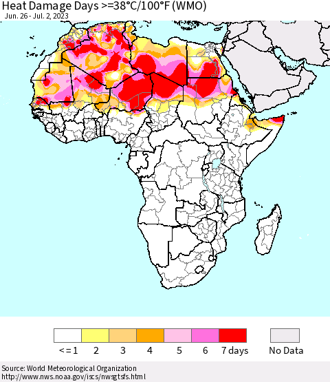 Africa Heat Damage Days >=38°C/100°F (WMO) Thematic Map For 6/26/2023 - 7/2/2023
