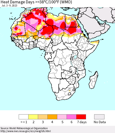 Africa Heat Damage Days >=38°C/100°F (WMO) Thematic Map For 7/3/2023 - 7/9/2023
