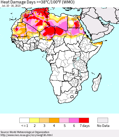 Africa Heat Damage Days >=38°C/100°F (WMO) Thematic Map For 7/10/2023 - 7/16/2023
