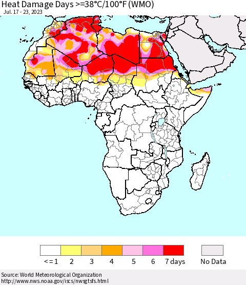 Africa Heat Damage Days >=38°C/100°F (WMO) Thematic Map For 7/17/2023 - 7/23/2023
