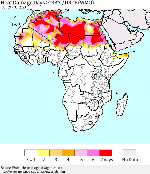 Africa Heat Damage Days >=38°C/100°F (WMO) Thematic Map For 7/24/2023 - 7/30/2023