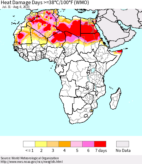 Africa Heat Damage Days >=38°C/100°F (WMO) Thematic Map For 7/31/2023 - 8/6/2023