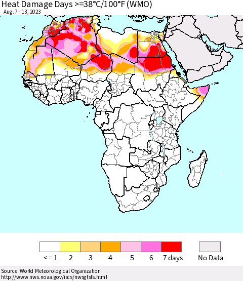 Africa Heat Damage Days >=38°C/100°F (WMO) Thematic Map For 8/7/2023 - 8/13/2023