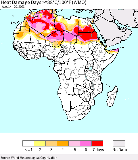 Africa Heat Damage Days >=38°C/100°F (WMO) Thematic Map For 8/14/2023 - 8/20/2023