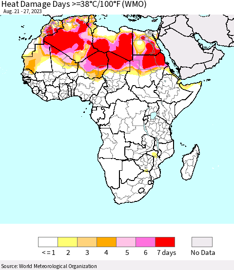 Africa Heat Damage Days >=38°C/100°F (WMO) Thematic Map For 8/21/2023 - 8/27/2023