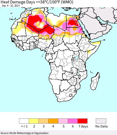 Africa Heat Damage Days >=38°C/100°F (WMO) Thematic Map For 9/4/2023 - 9/10/2023