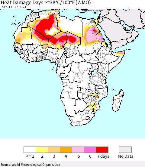 Africa Heat Damage Days >=38°C/100°F (WMO) Thematic Map For 9/11/2023 - 9/17/2023