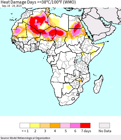 Africa Heat Damage Days >=38°C/100°F (WMO) Thematic Map For 9/18/2023 - 9/24/2023