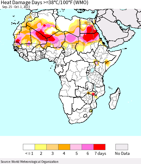 Africa Heat Damage Days >=38°C/100°F (WMO) Thematic Map For 9/25/2023 - 10/1/2023