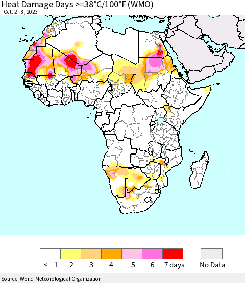 Africa Heat Damage Days >=38°C/100°F (WMO) Thematic Map For 10/2/2023 - 10/8/2023